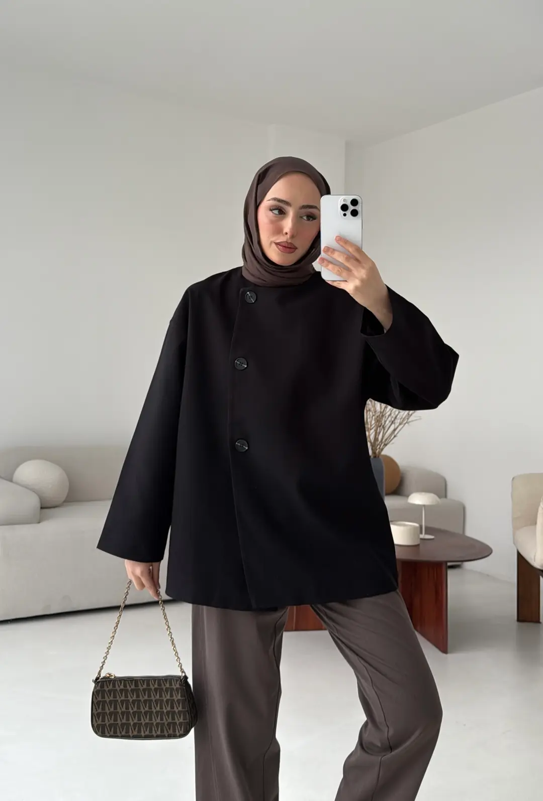 Yandan Düğmeli Kemerli Ceket Siyah