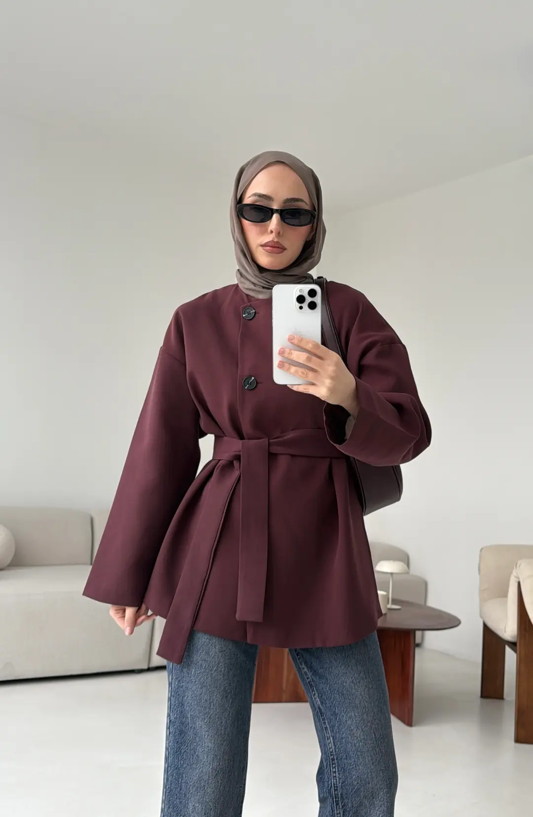 Yandan Düğmeli Kemerli Ceket Bordo