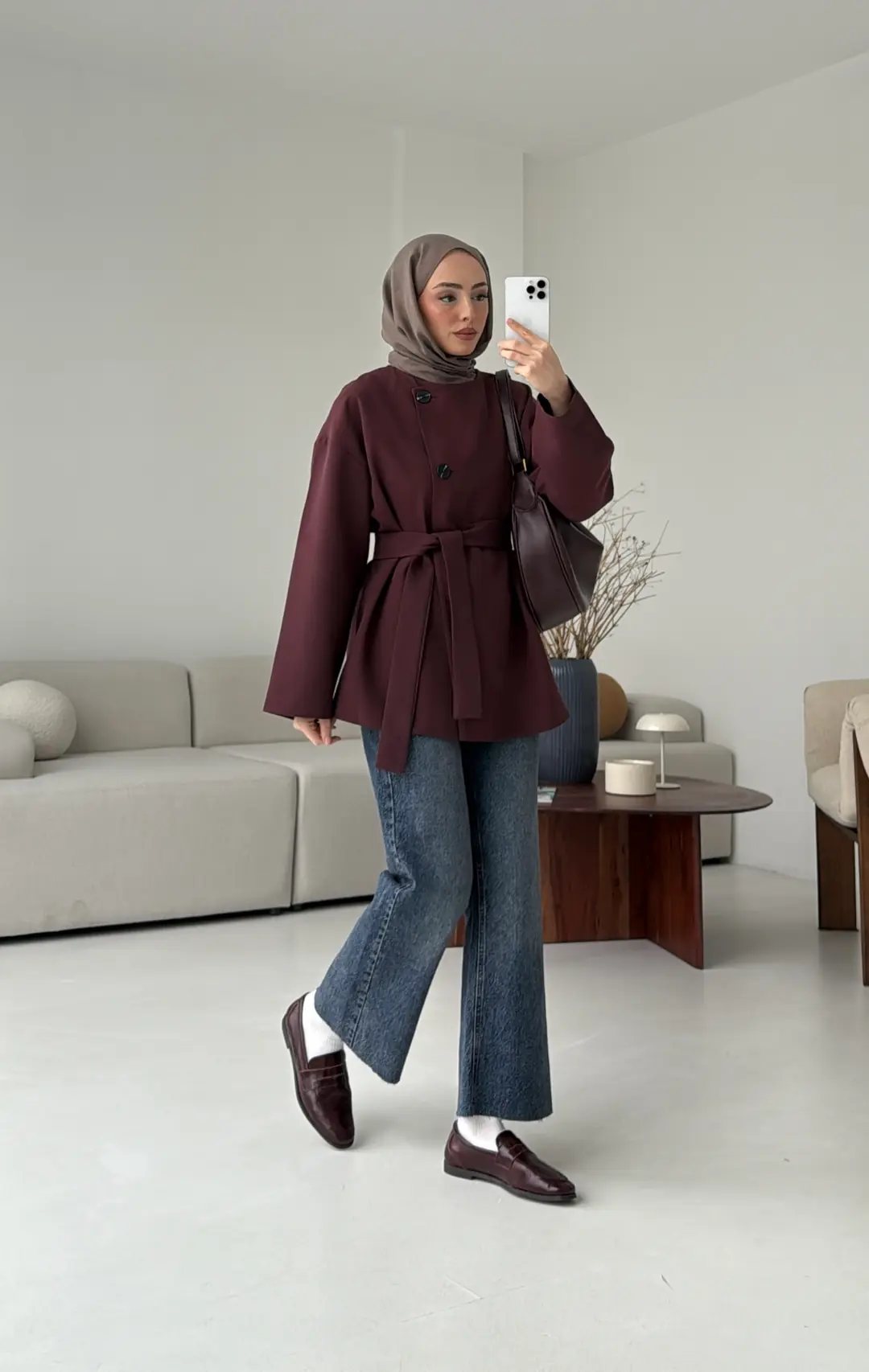 Yandan Düğmeli Kemerli Ceket Bordo
