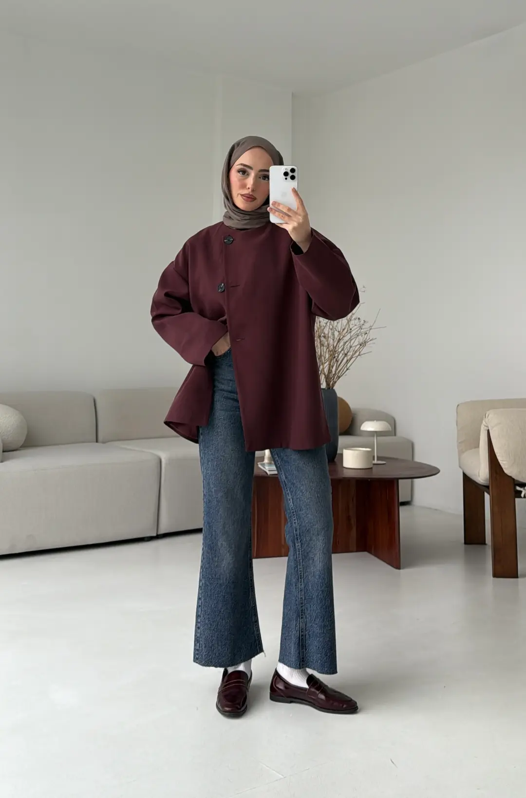 Yandan Düğmeli Kemerli Ceket Bordo