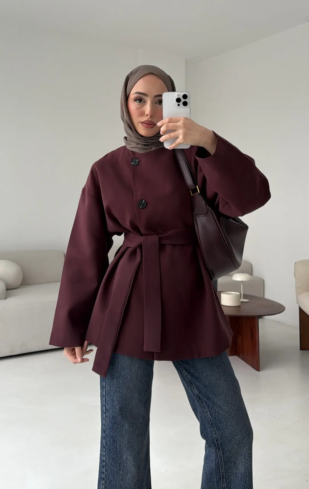 Yandan Düğmeli Kemerli Ceket Bordo