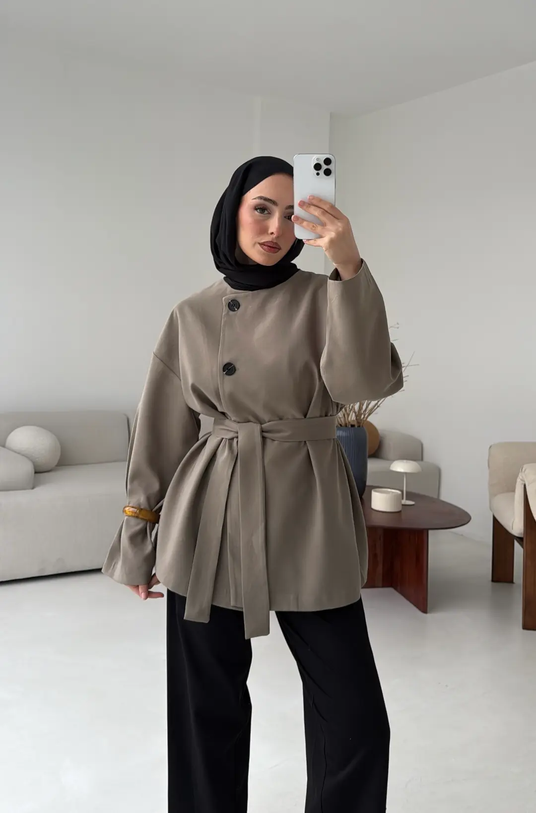 Yandan Düğmeli Kemerli Ceket Haki