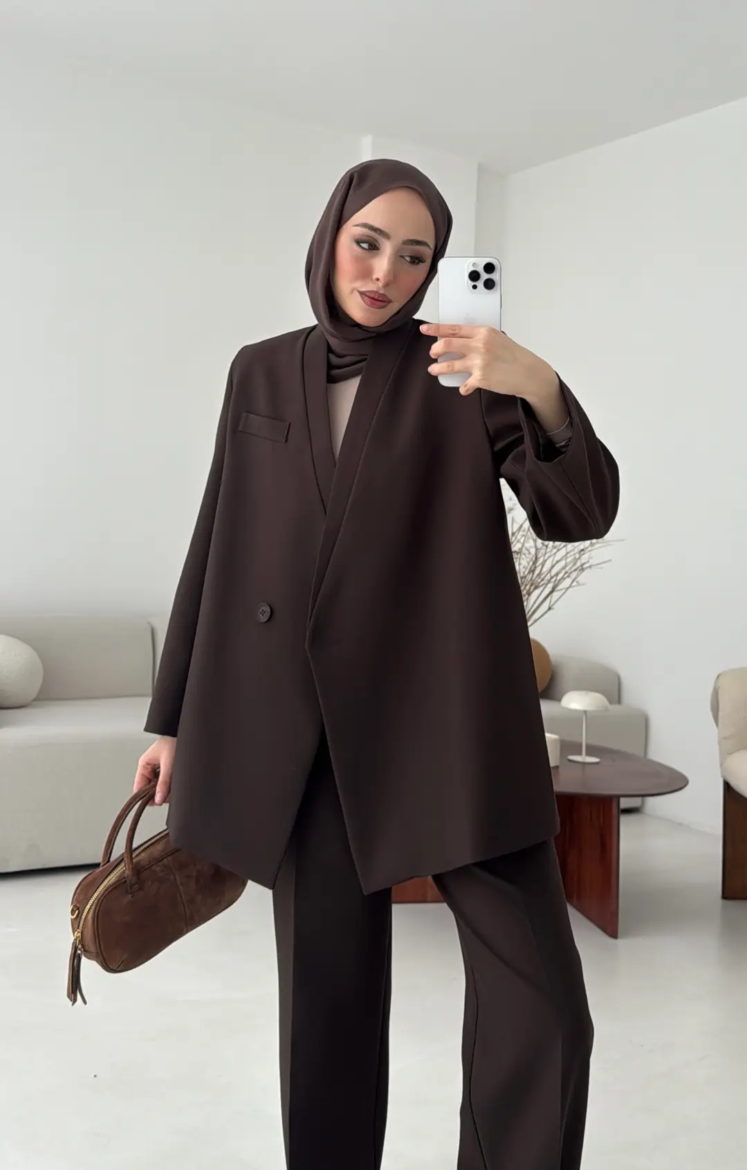 Bağlamalı Ceket Pantolon Takım Kahve