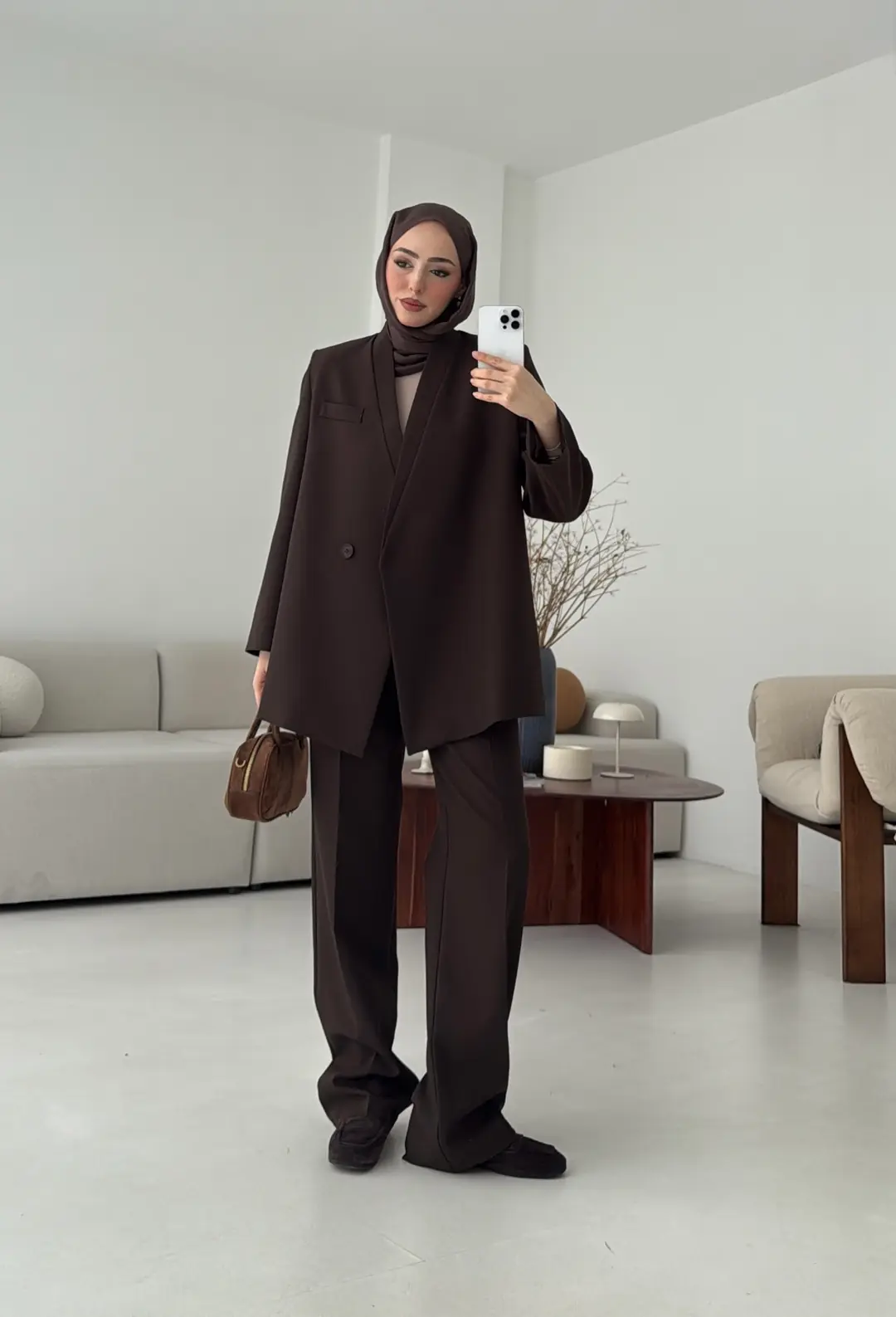 Bağlamalı Ceket Pantolon Takım Kahve