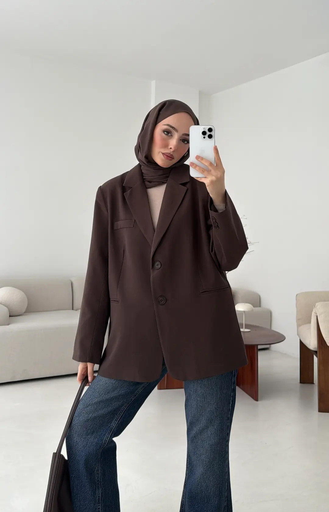 Oversize Yırtmaç Detay Ceket Kahve