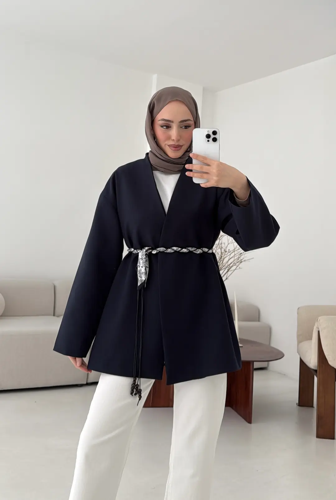 Örgü Kemer Detay Ceket Lacivert