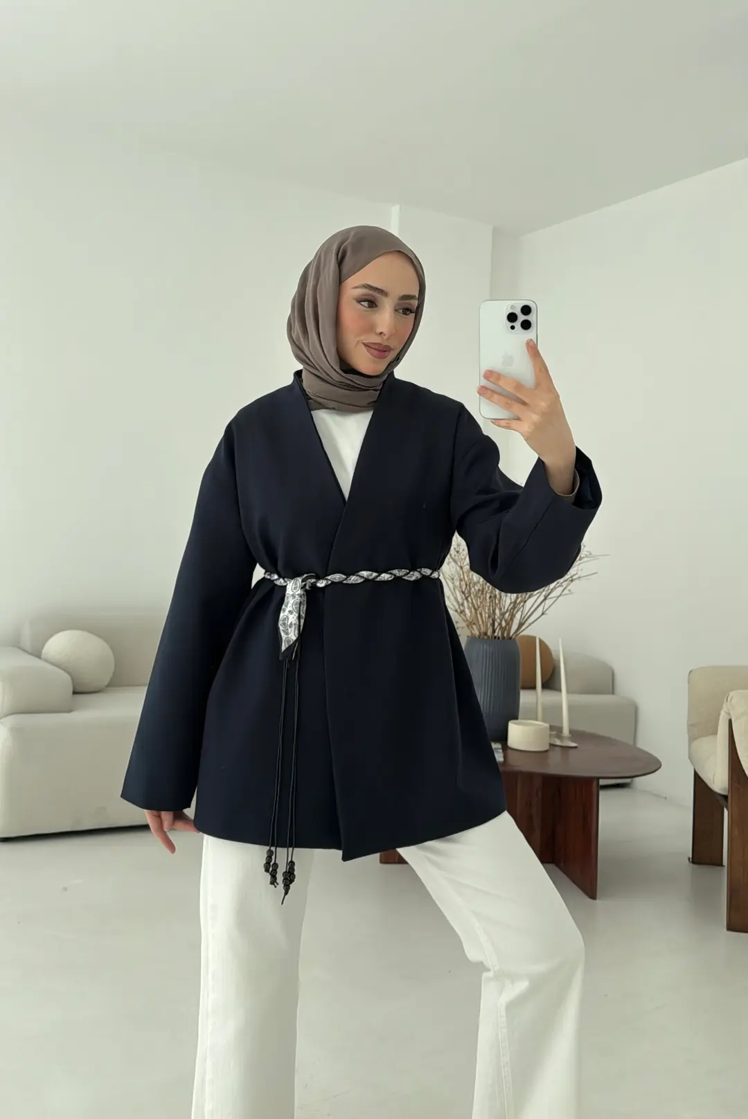Örgü Kemer Detay Ceket Lacivert