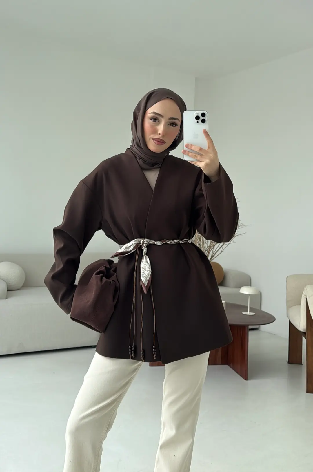 Örgü Kemer Detay Ceket Kahve
