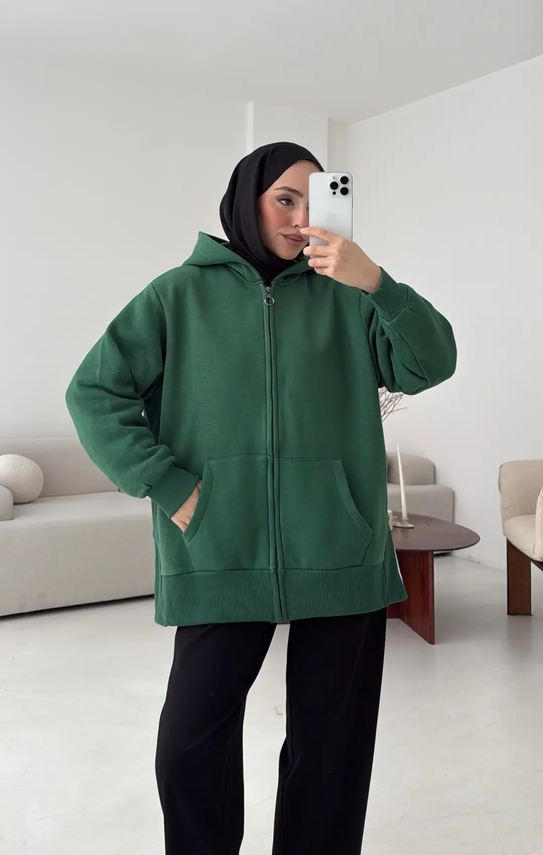 Fermuarlı Şardonlu Sweatshirt Zümrüt