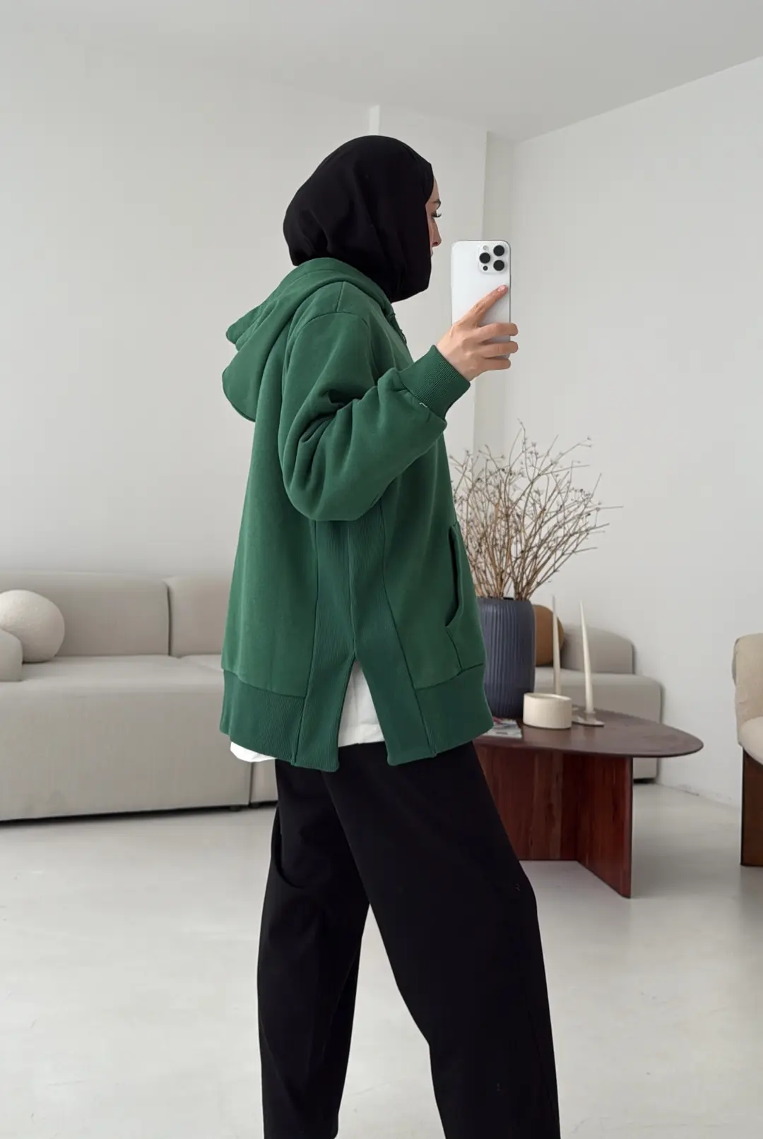 Fermuarlı Şardonlu Sweatshirt Zümrüt
