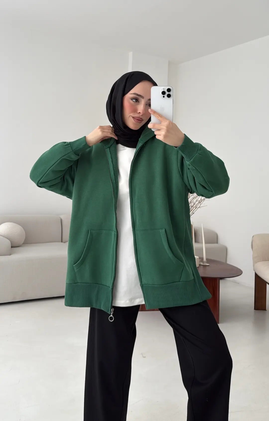 Fermuarlı Şardonlu Sweatshirt Zümrüt