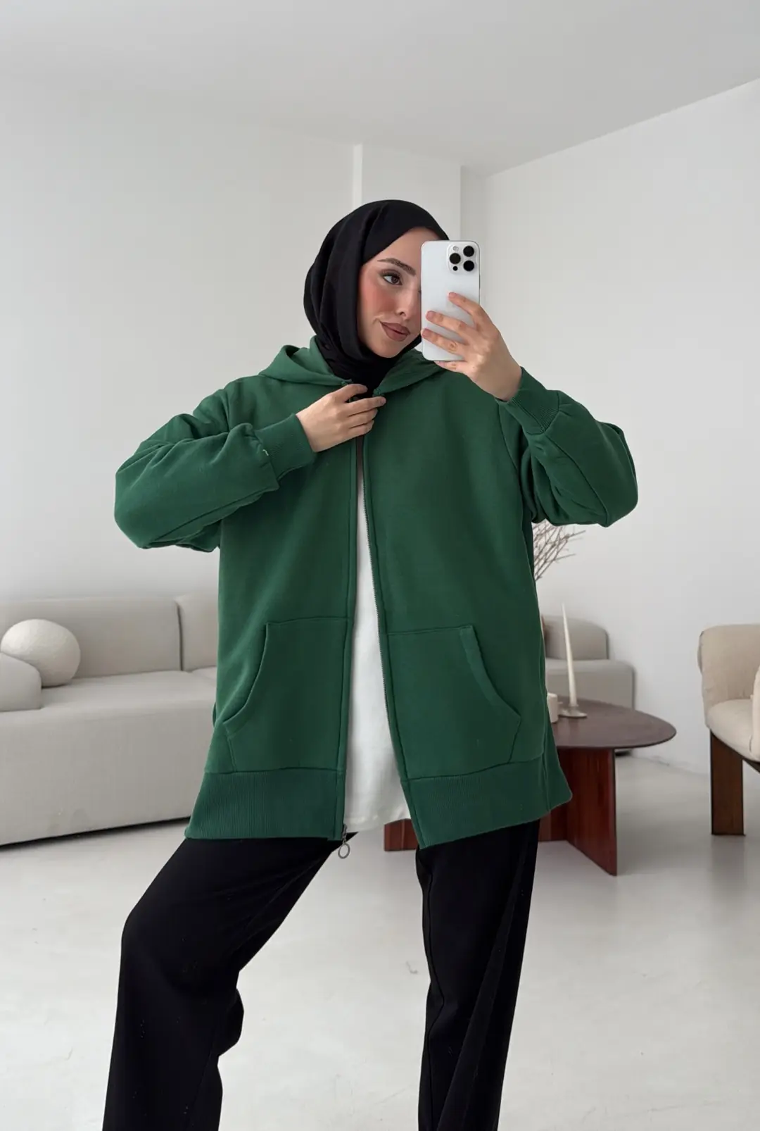 Fermuarlı Şardonlu Sweatshirt Zümrüt