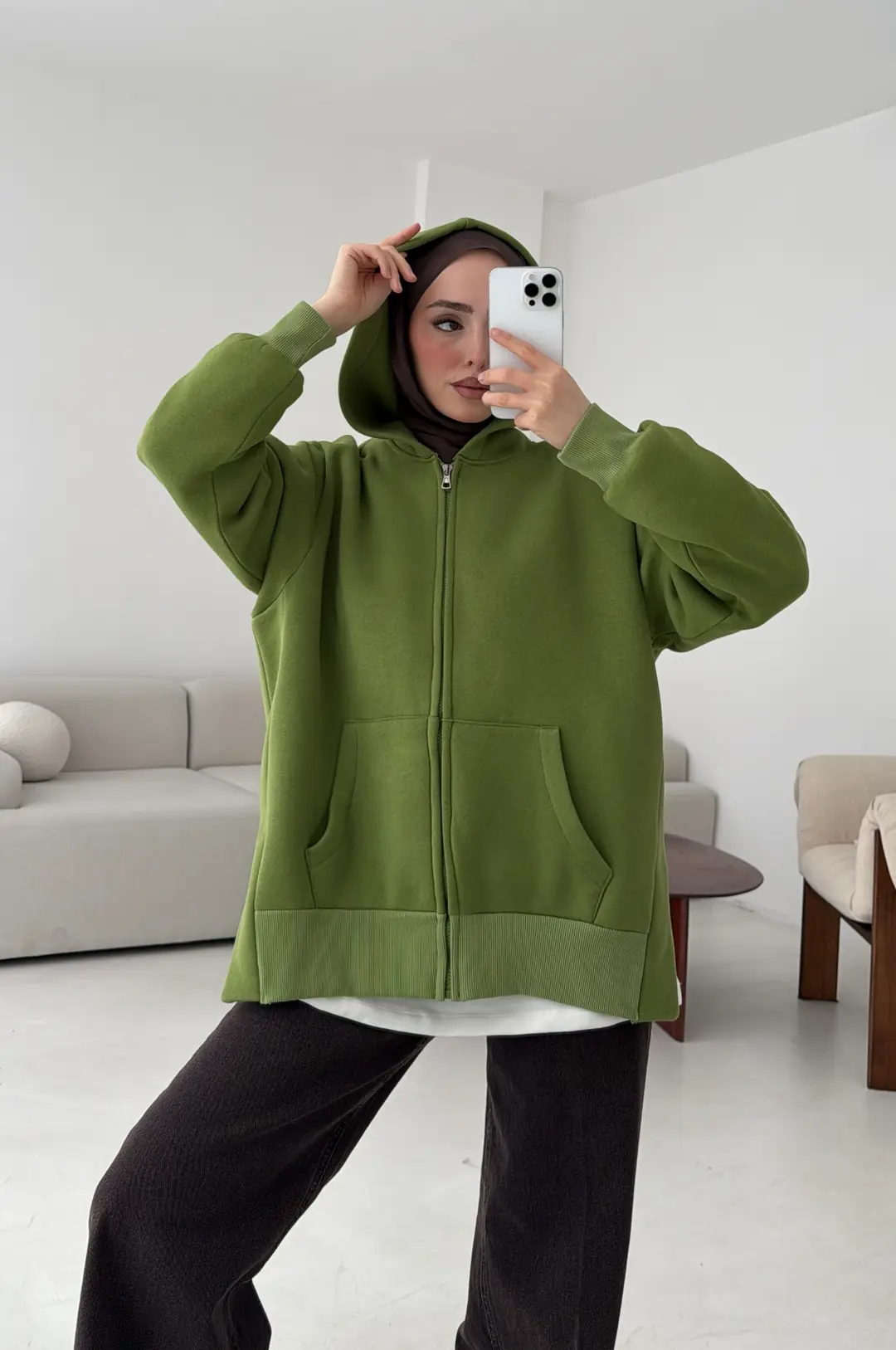 Fermuarlı Şardonlu Sweatshirt Yeşil