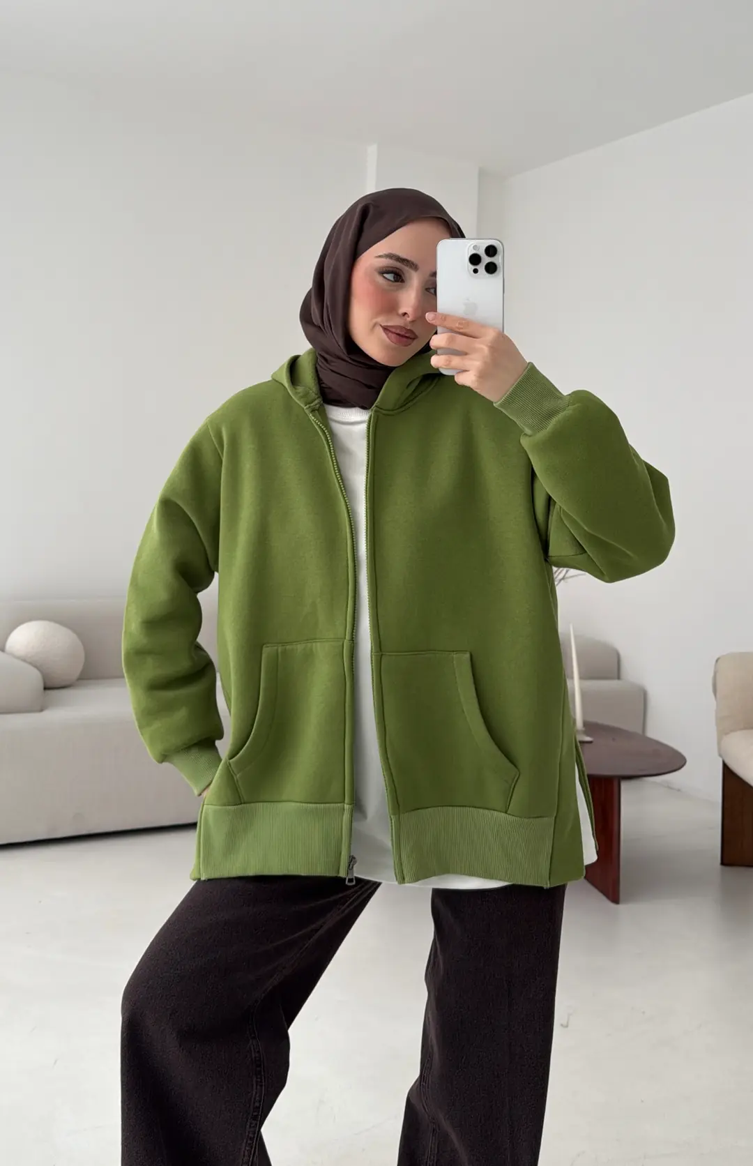 Fermuarlı Şardonlu Sweatshirt Yeşil