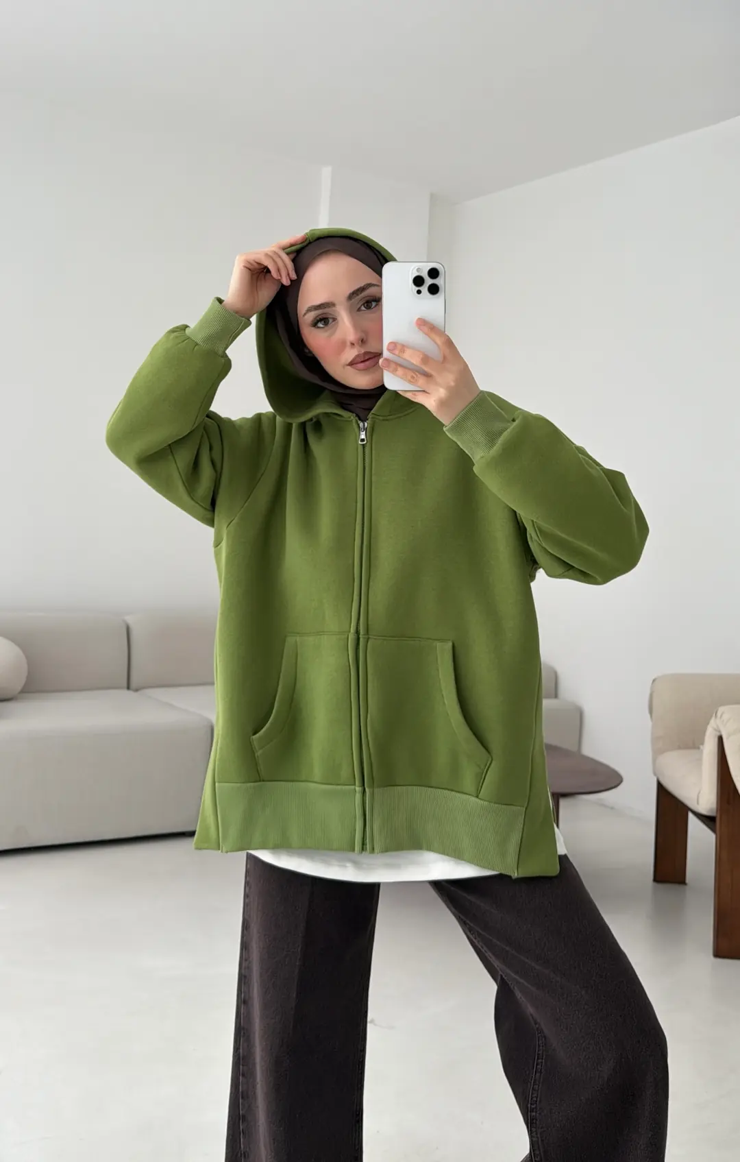 Fermuarlı Şardonlu Sweatshirt Yeşil