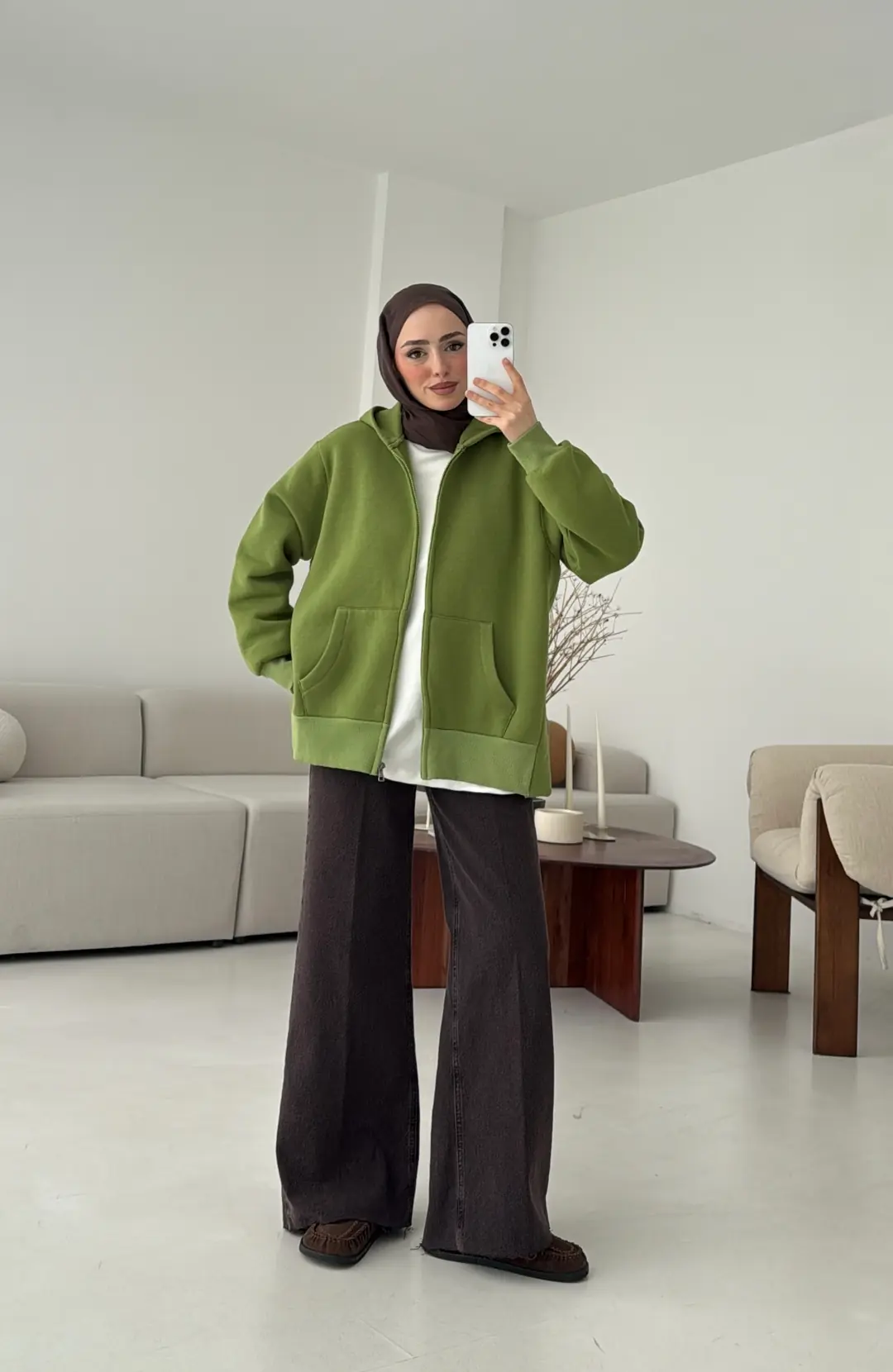 Fermuarlı Şardonlu Sweatshirt Yeşil