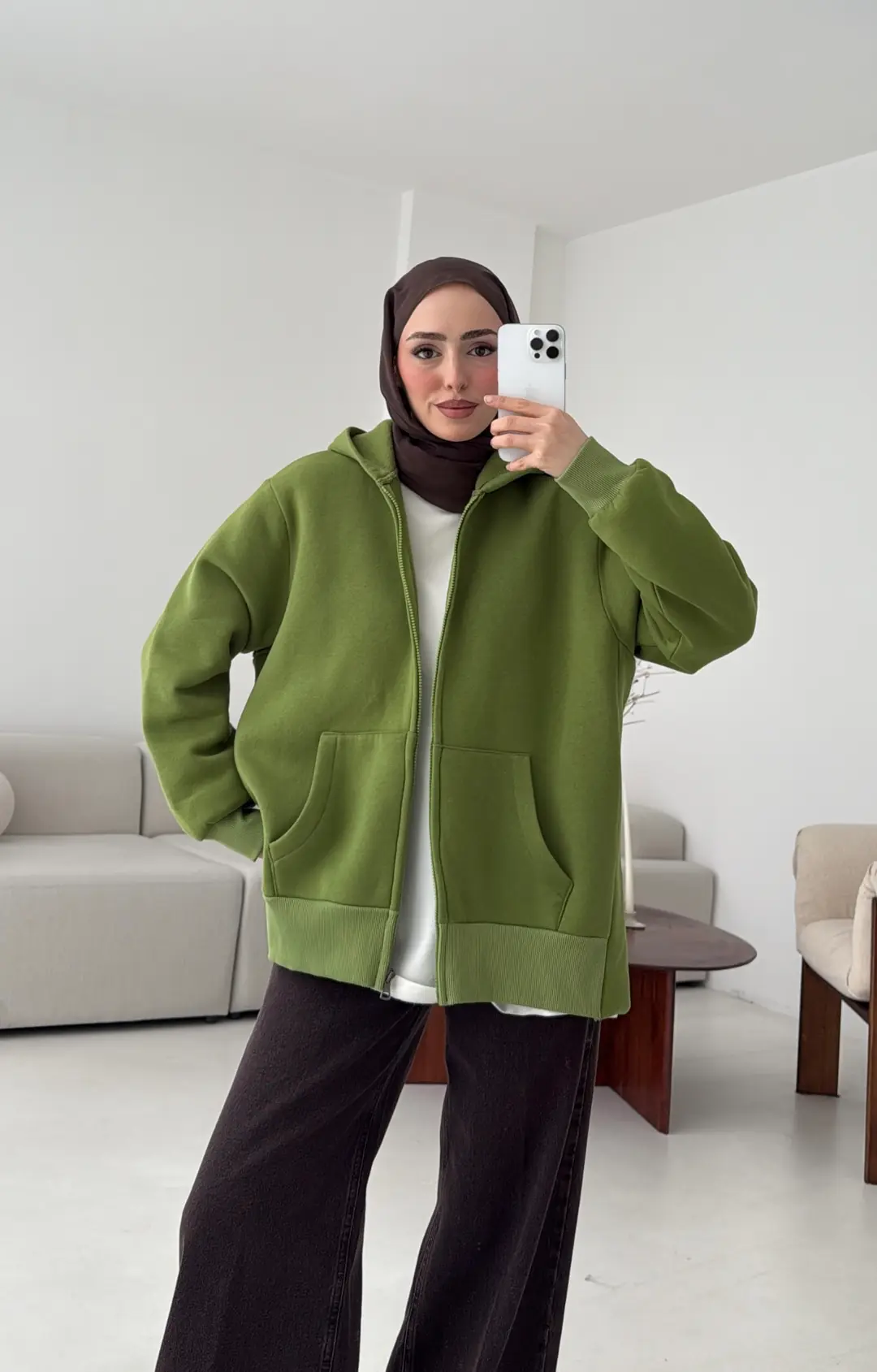 Fermuarlı Şardonlu Sweatshirt Yeşil