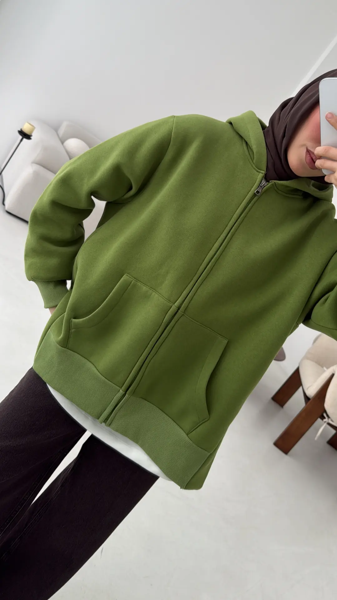 Fermuarlı Şardonlu Sweatshirt Yeşil