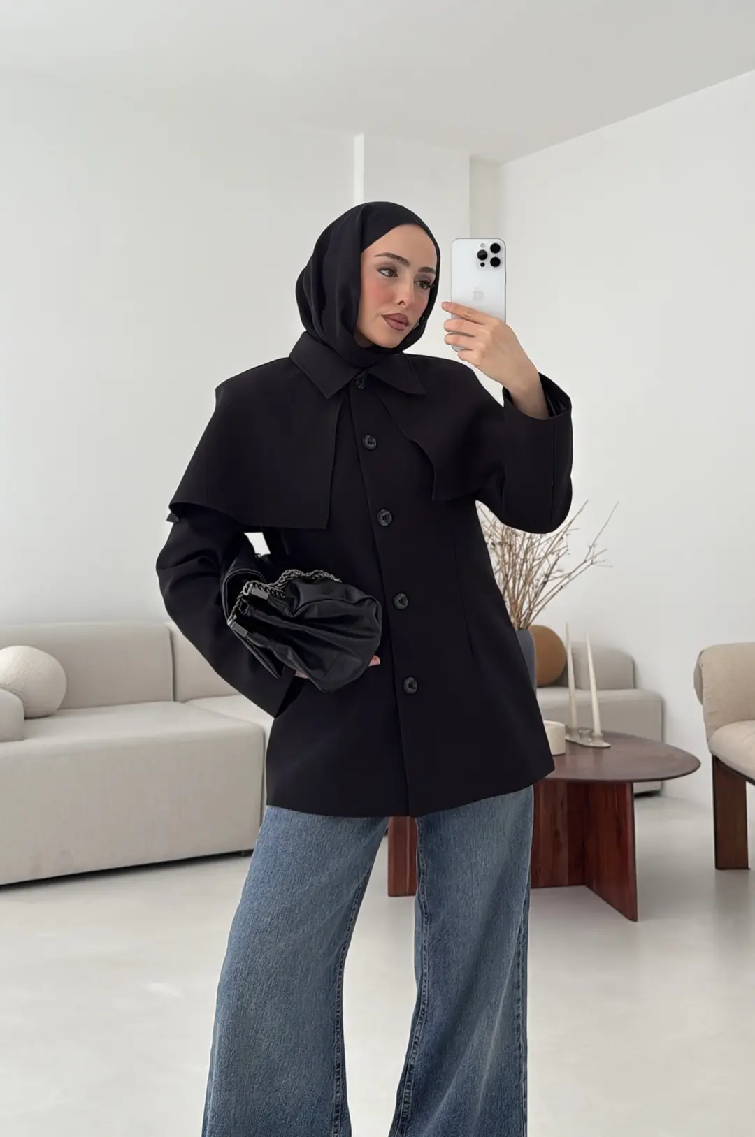 Pelerin Detay Fit Ceket Siyah