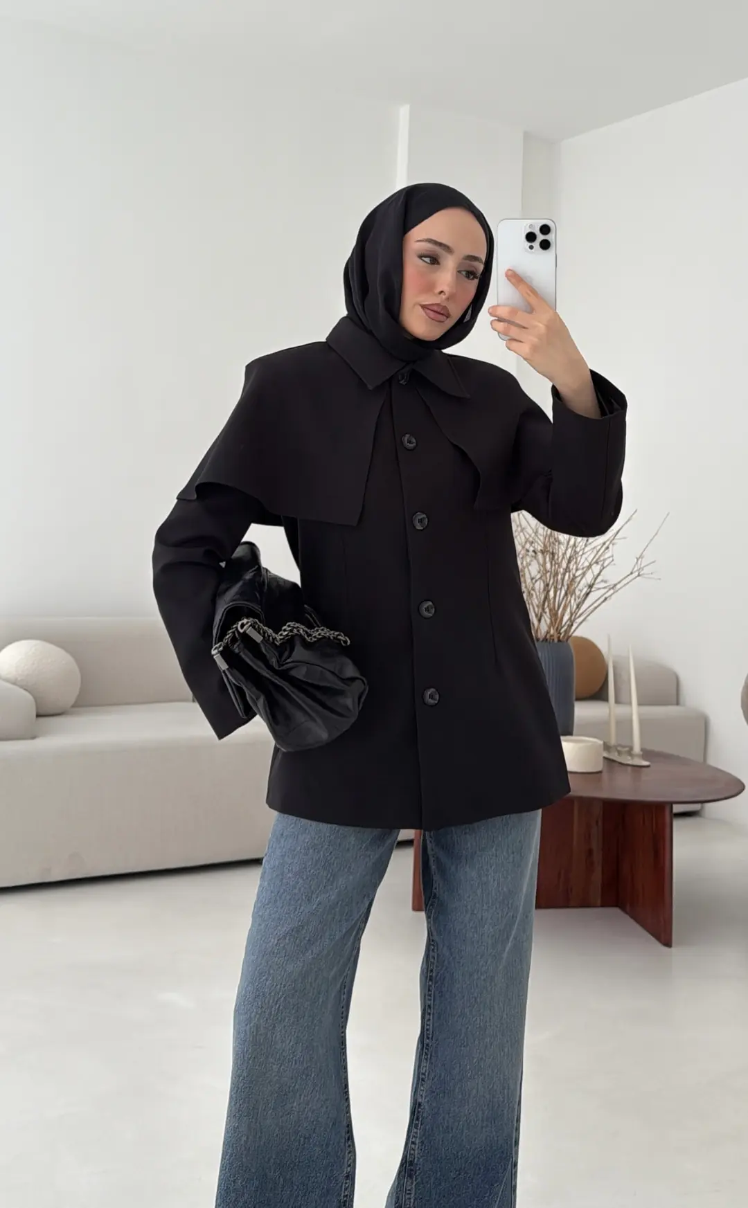 Pelerin Detay Fit Ceket Siyah