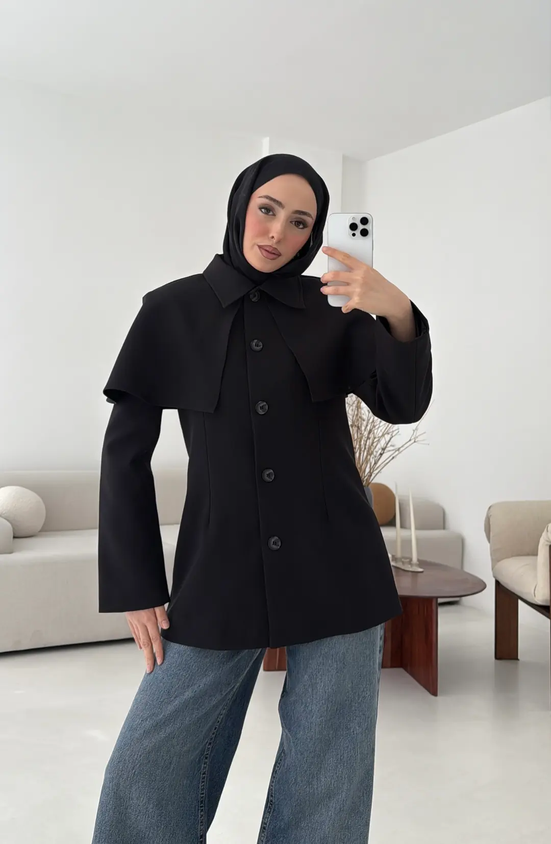 Pelerin Detay Fit Ceket Siyah