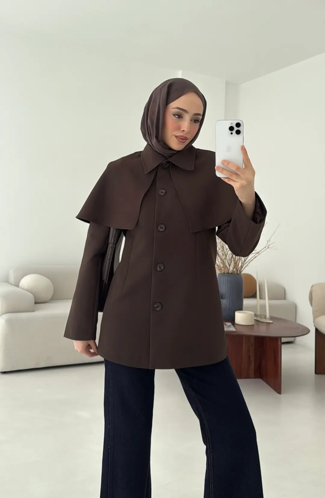 Pelerin Detay Fit Ceket Kahve