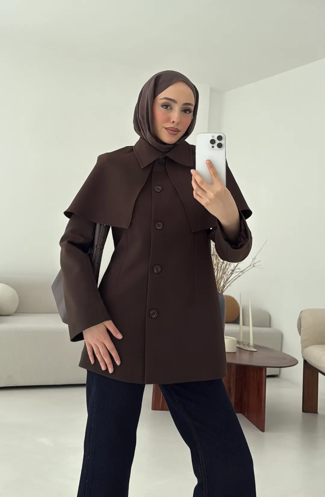 Pelerin Detay Fit Ceket Kahve