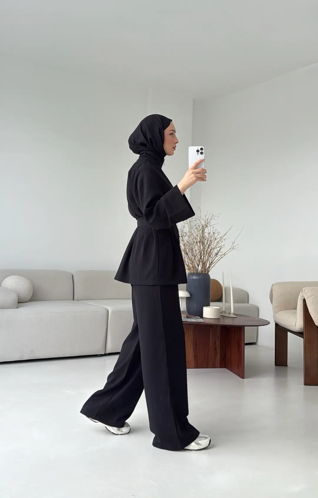 Tokalı Kemerli Pileli Tunik Takım Siyah