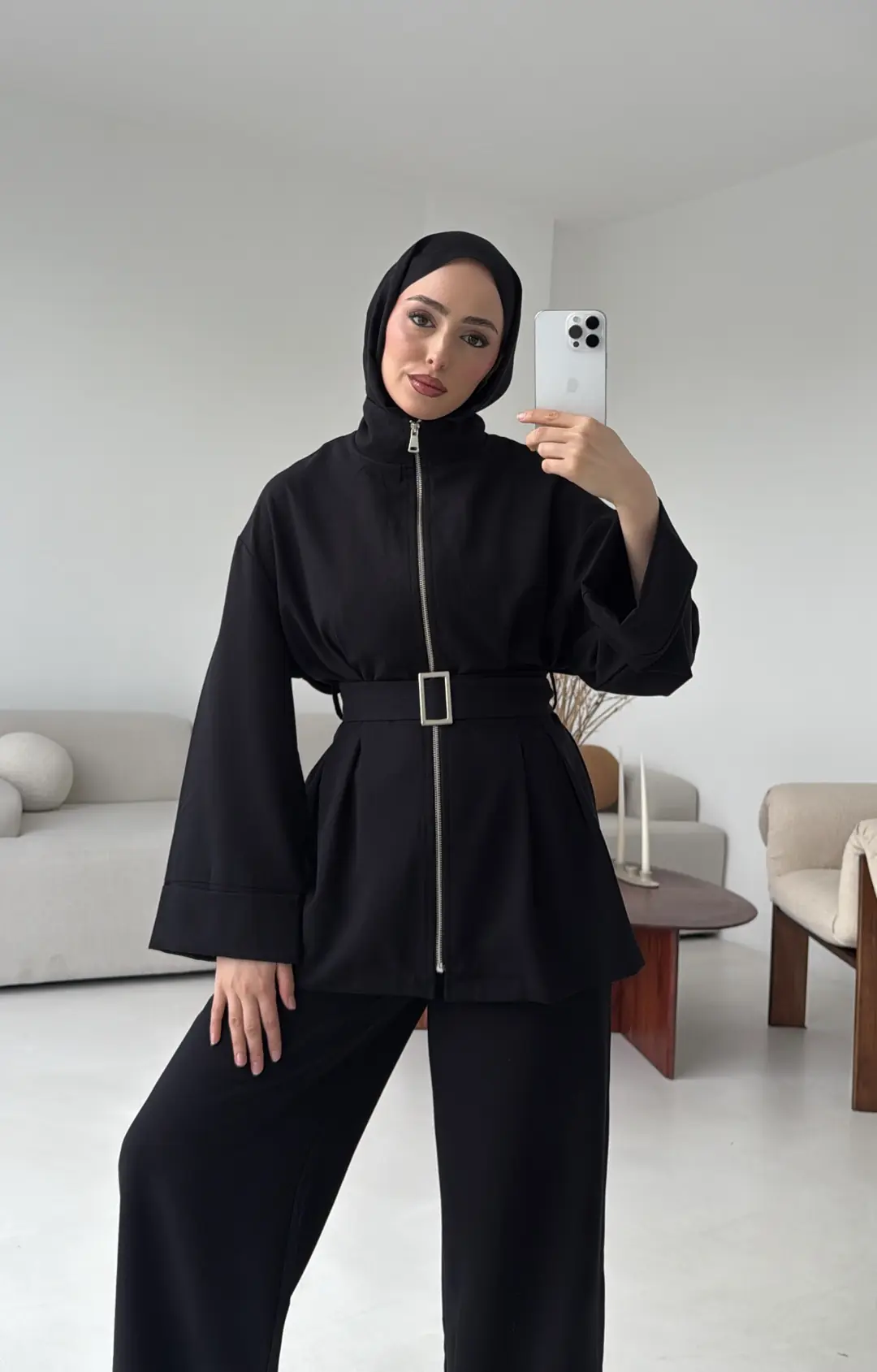 Tokalı Kemerli Pileli Tunik Takım Siyah