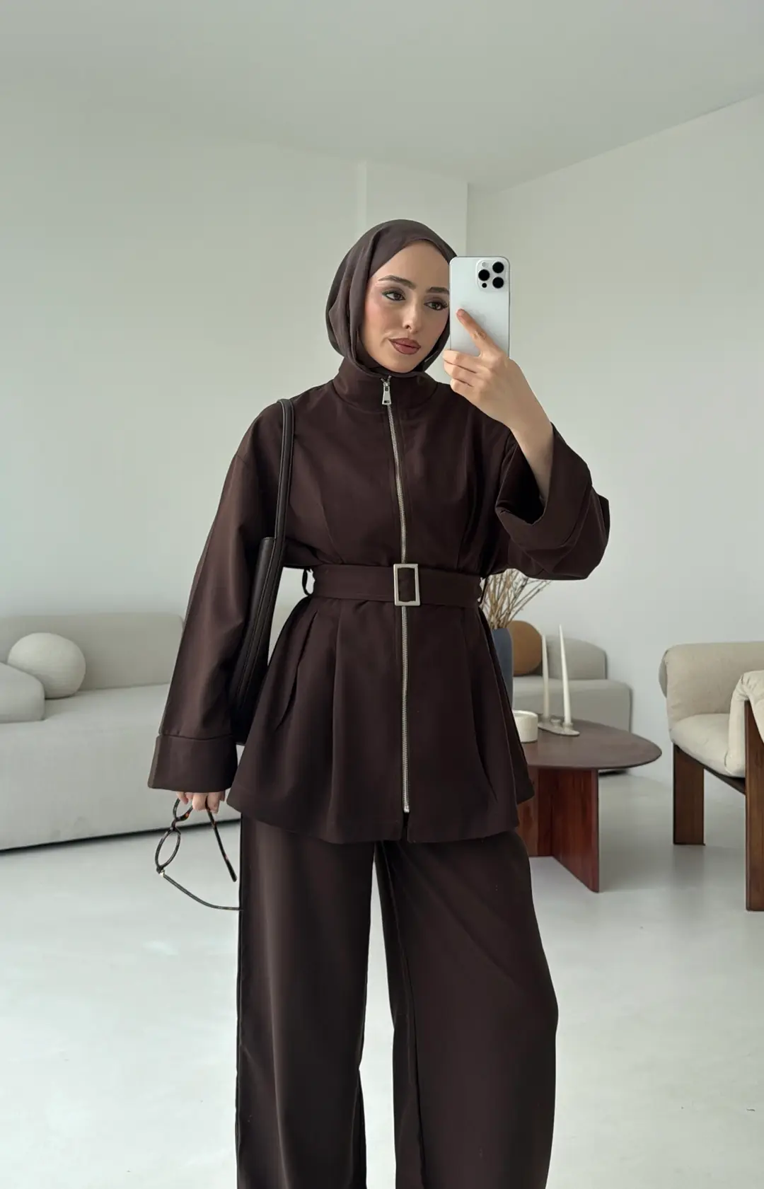 Tokalı Kemerli Pileli Tunik Takım Acı Kahve