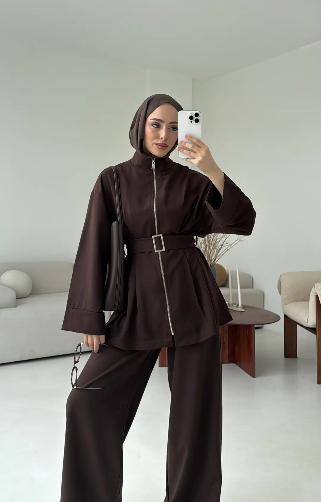 Tokalı Kemerli Pileli Tunik Takım Acı Kahve