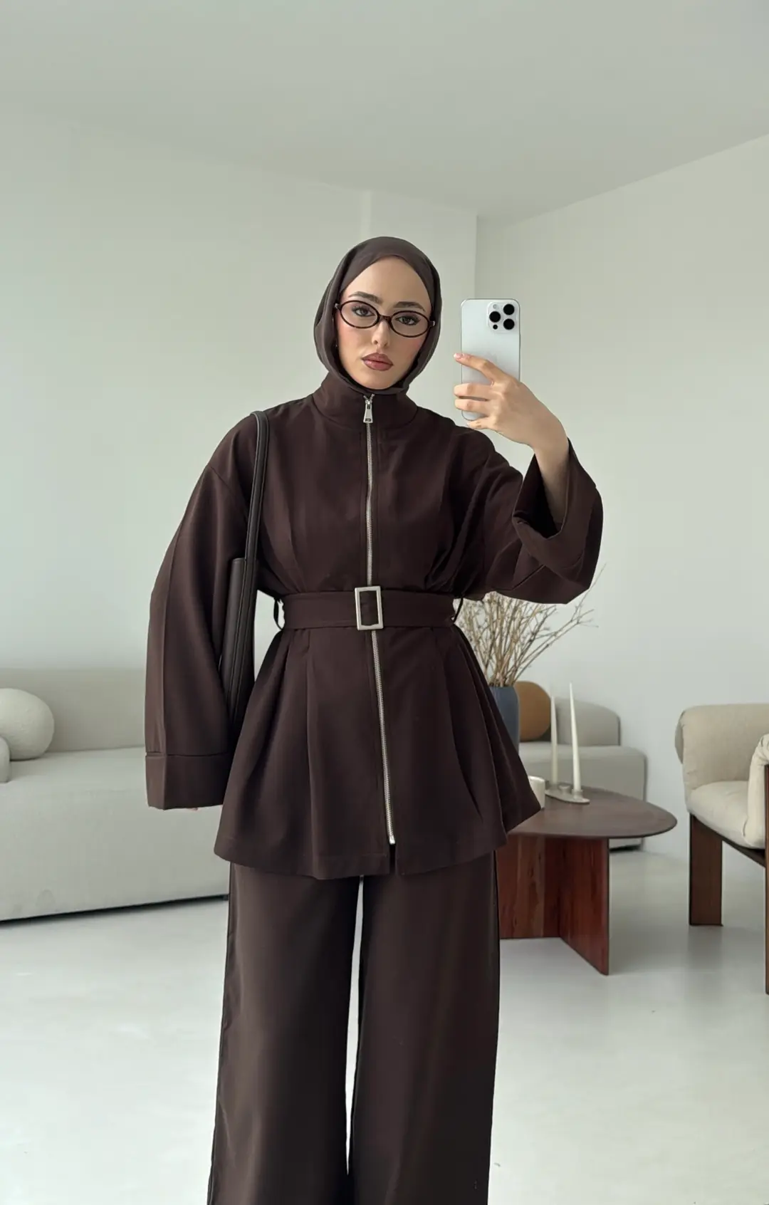 Tokalı Kemerli Pileli Tunik Takım Acı Kahve
