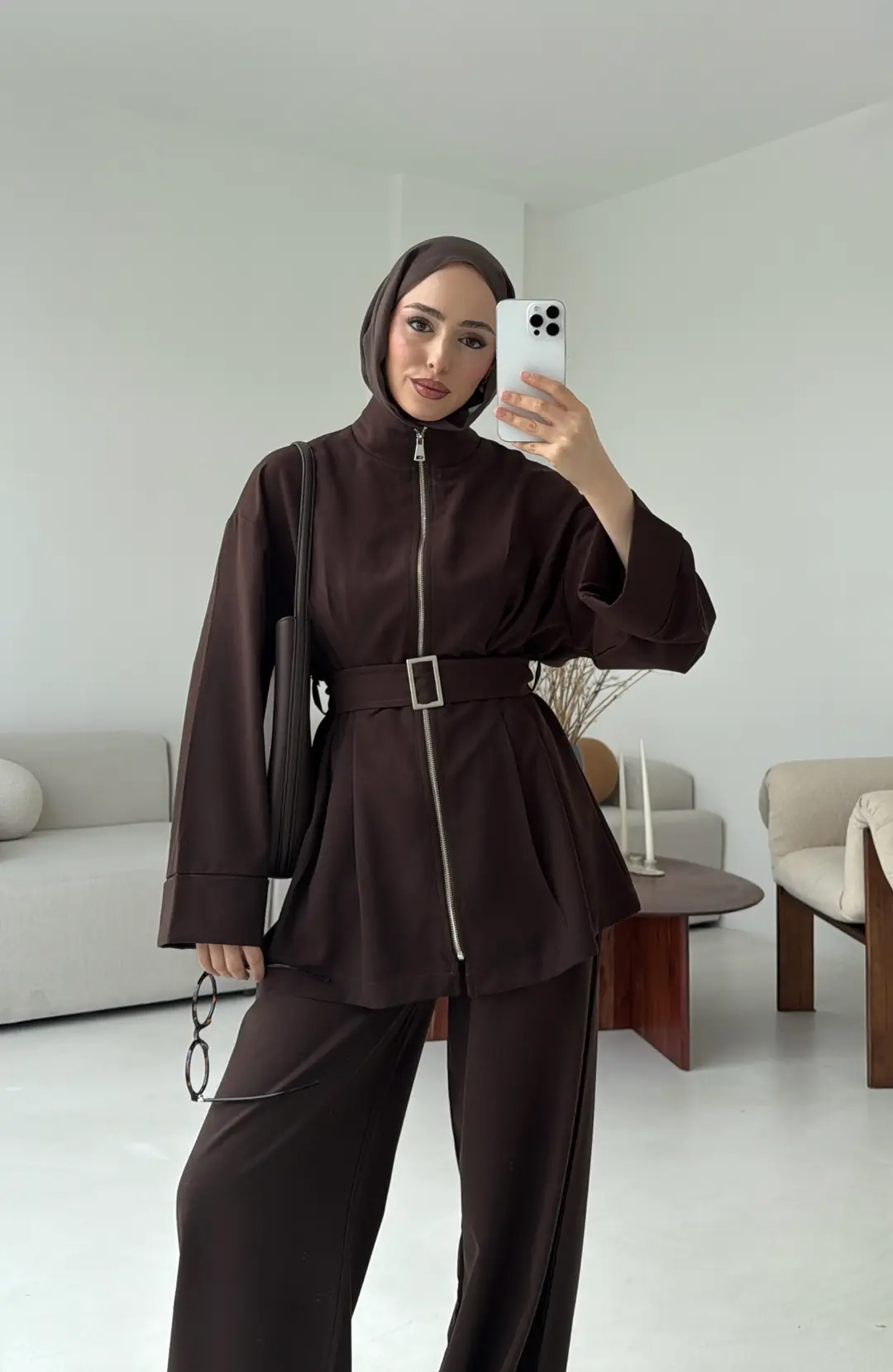 Tokalı Kemerli Pileli Tunik Takım Acı Kahve