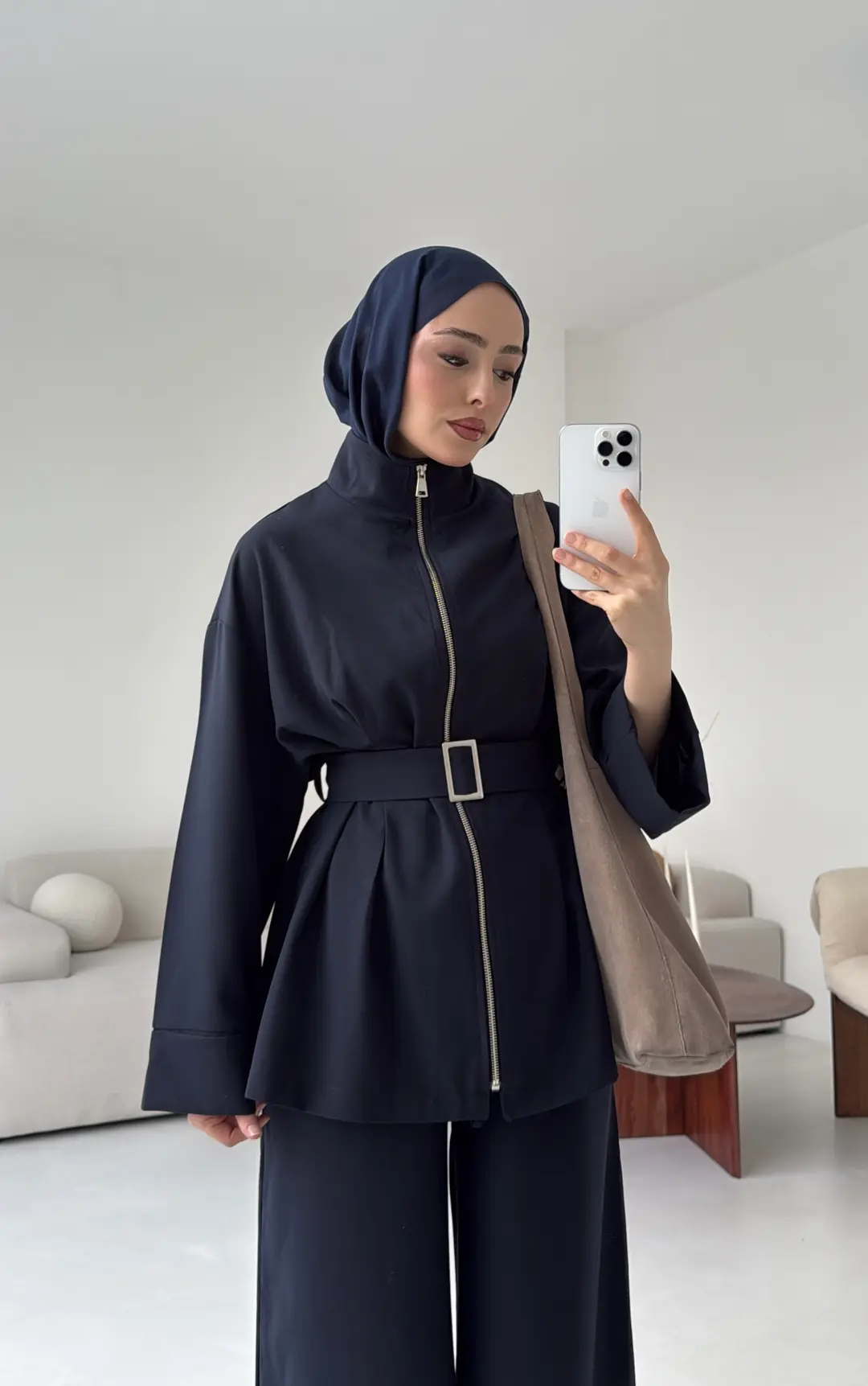 Tokalı Kemerli Pileli Tunik Takım Lacivert