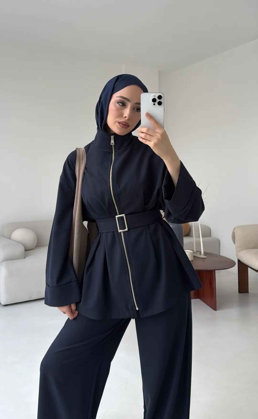 Tokalı Kemerli Pileli Tunik Takım Lacivert