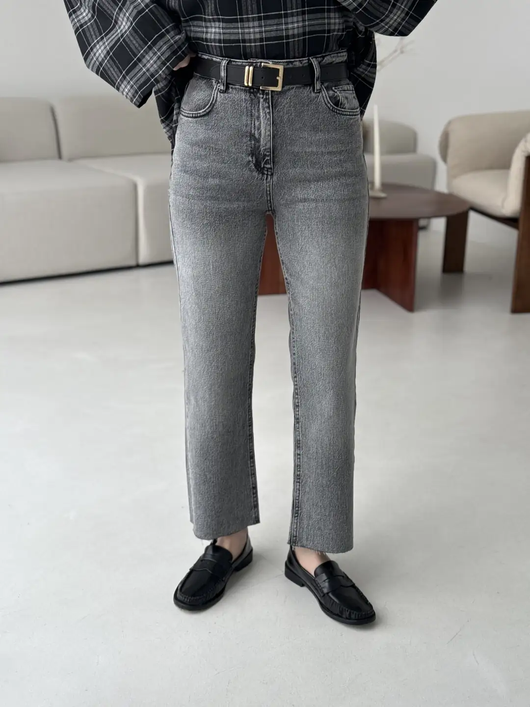 Premium Paçası Kesik Kemerli Jean Gri R125-1