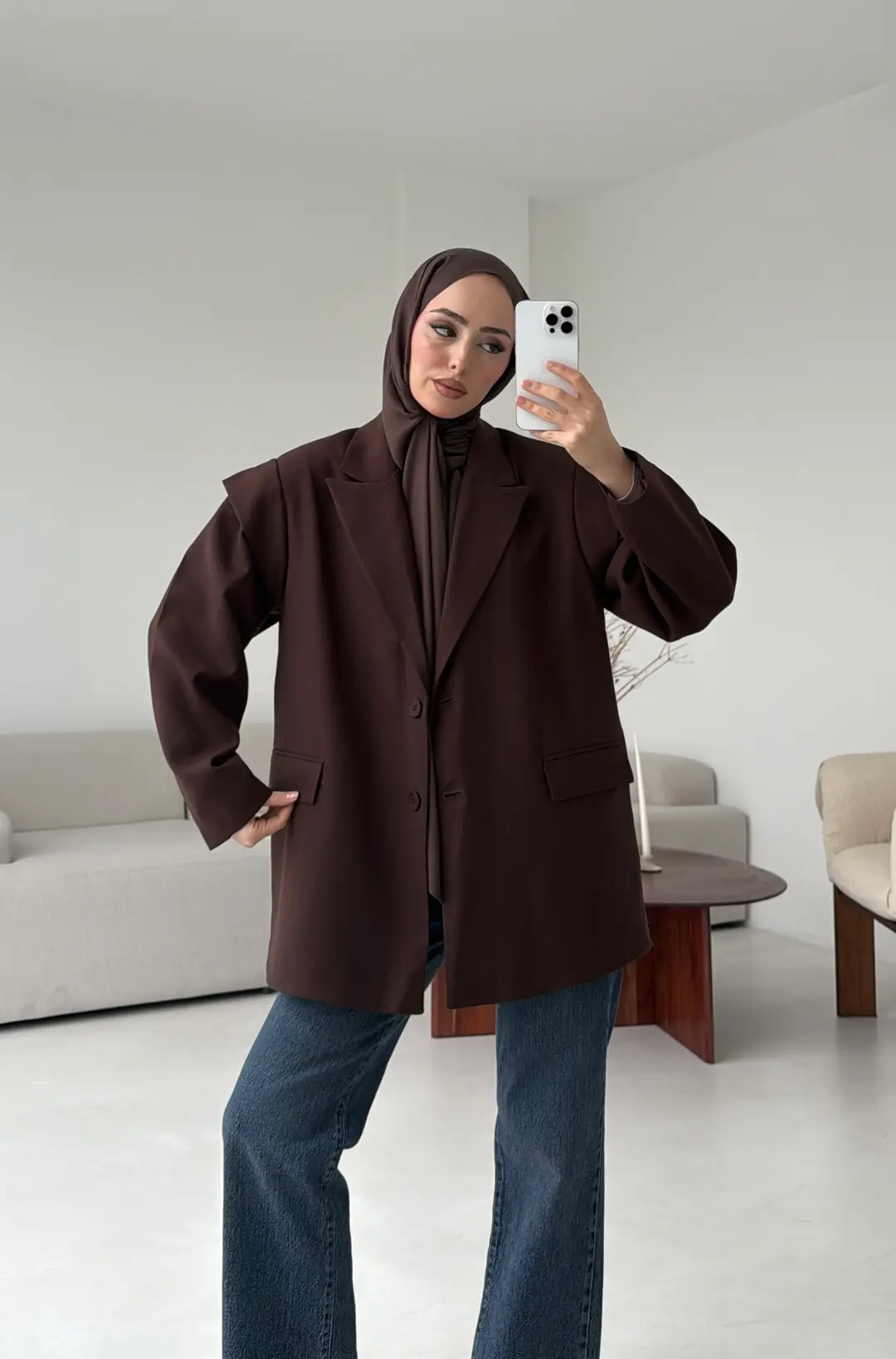Kol Detay Oversize Ceket Kahve
