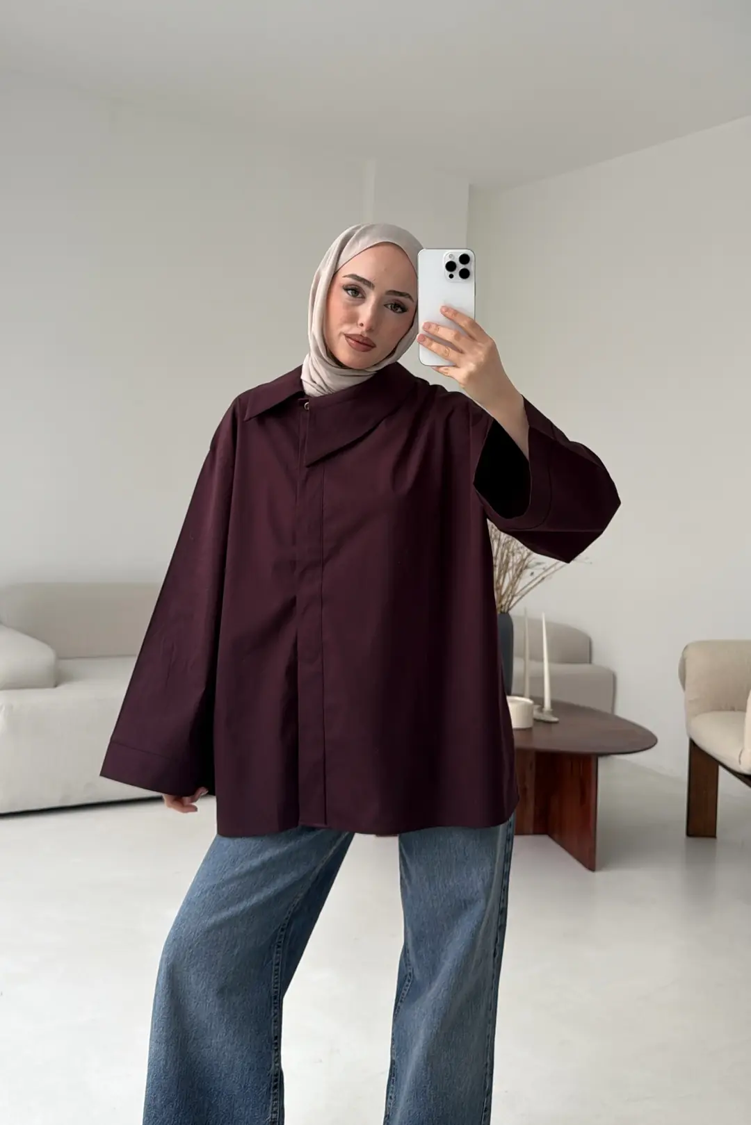 Asimetrik Yaka Oversize Gömlek Mürdüm