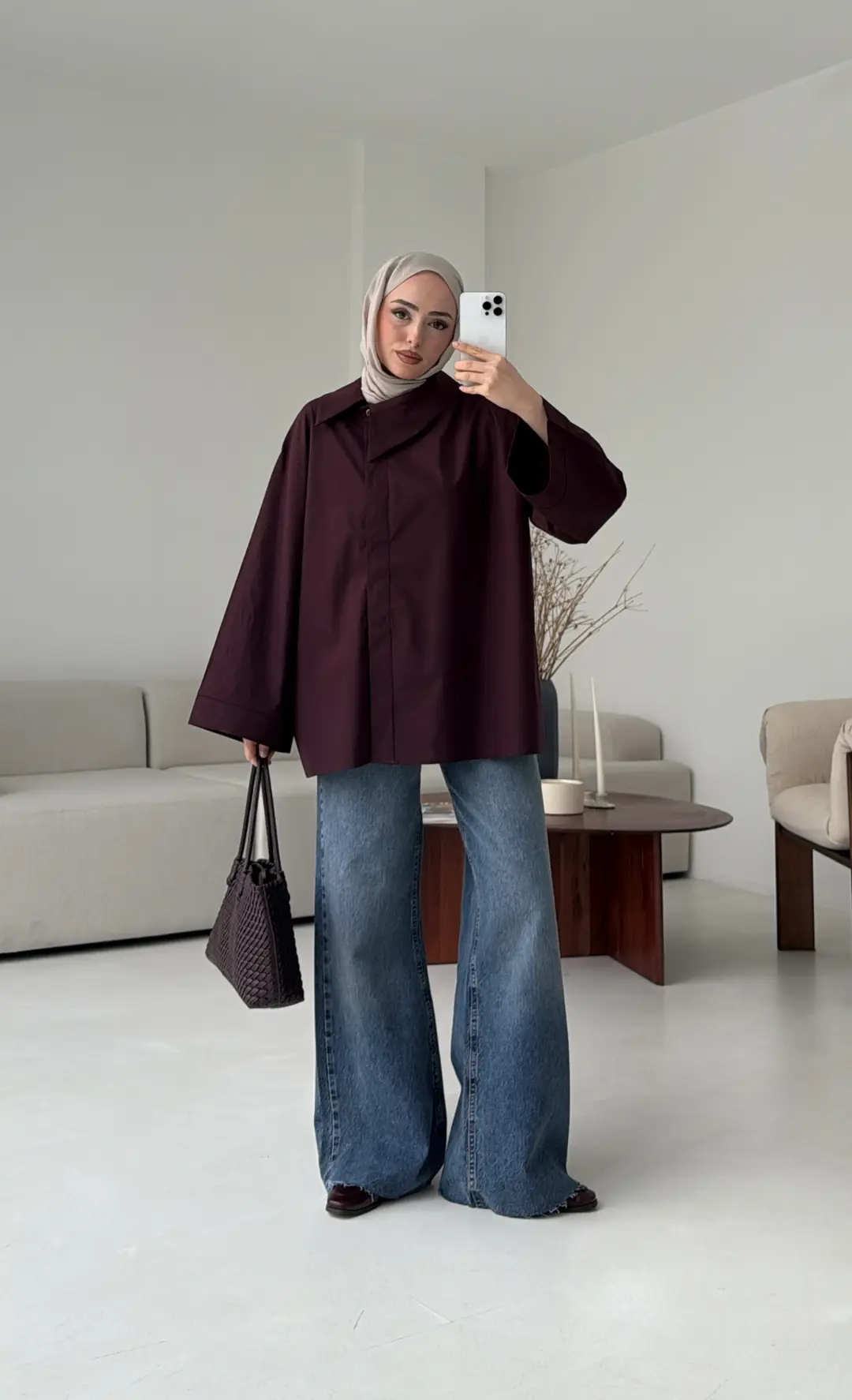Asimetrik Yaka Oversize Gömlek Mürdüm