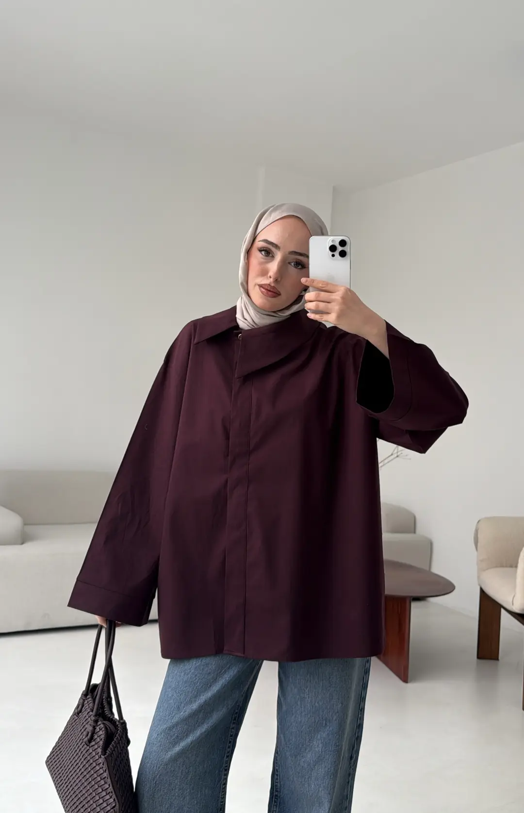 Asimetrik Yaka Oversize Gömlek Mürdüm