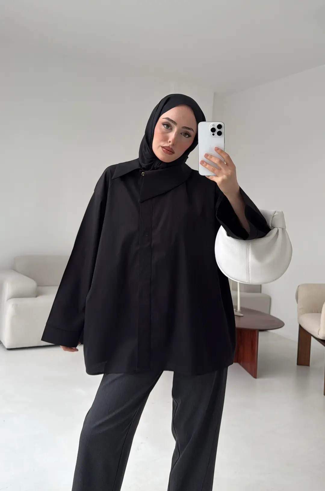 Asimetrik Yaka Oversize Gömlek Siyah