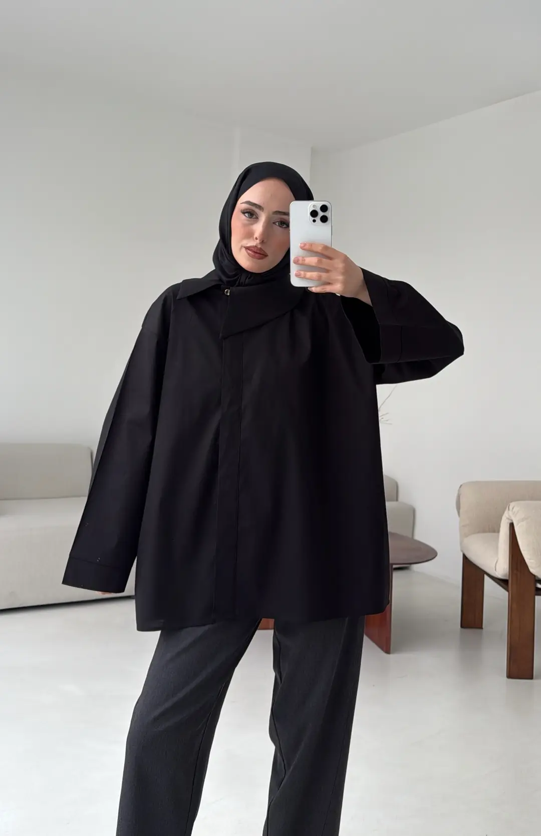 Asimetrik Yaka Oversize Gömlek Siyah