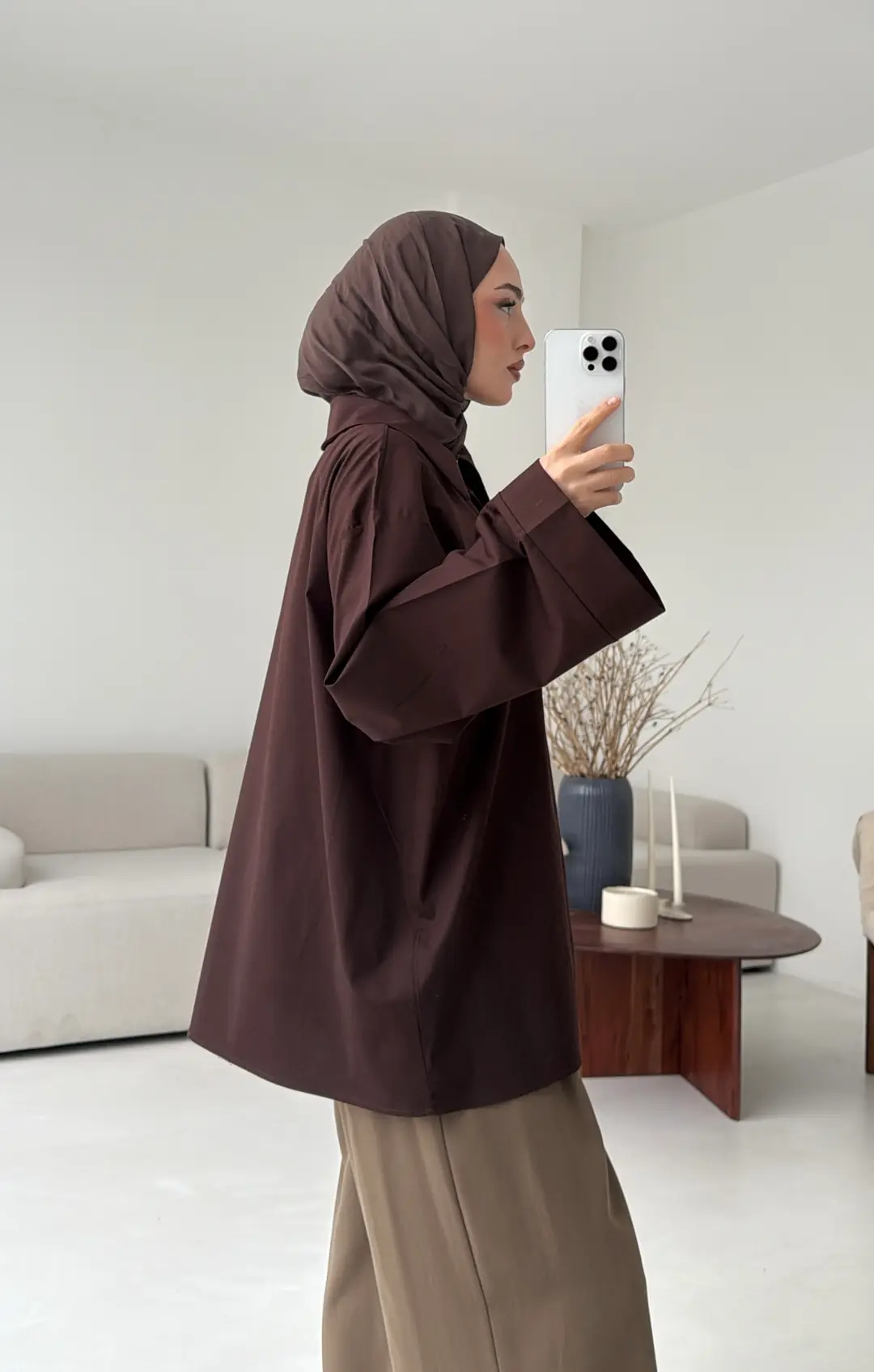 Asimetrik Yaka Oversize Gömlek Kahve