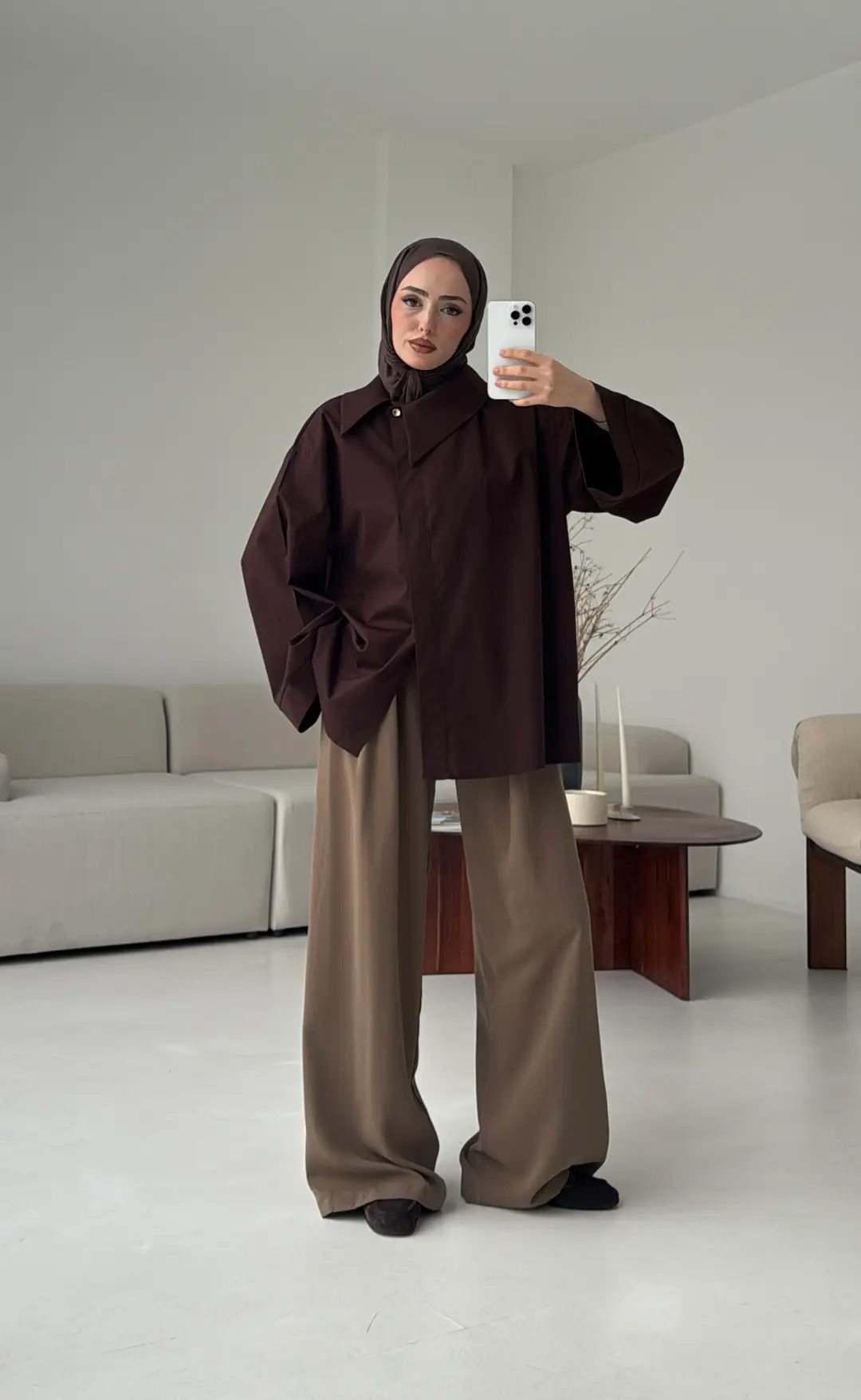 Asimetrik Yaka Oversize Gömlek Kahve