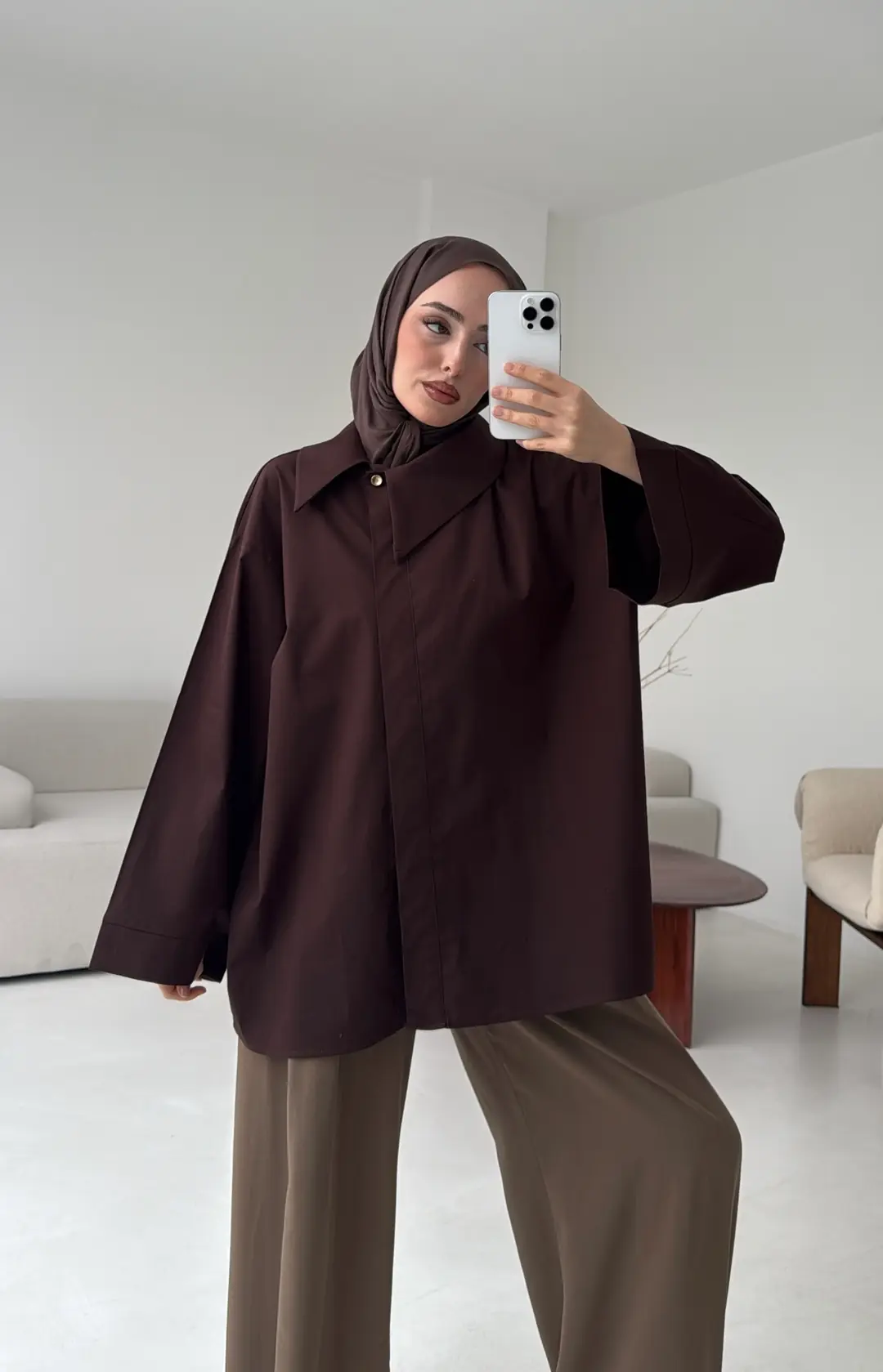 Asimetrik Yaka Oversize Gömlek Kahve