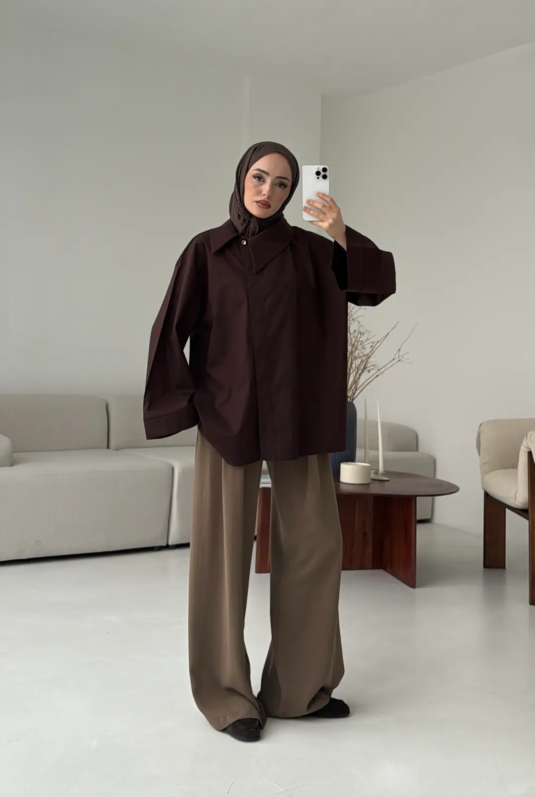Asimetrik Yaka Oversize Gömlek Kahve