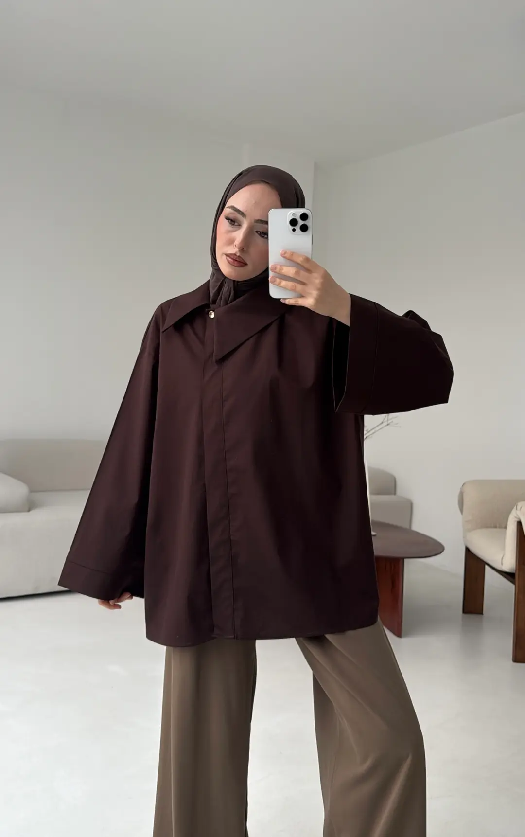 Asimetrik Yaka Oversize Gömlek Kahve