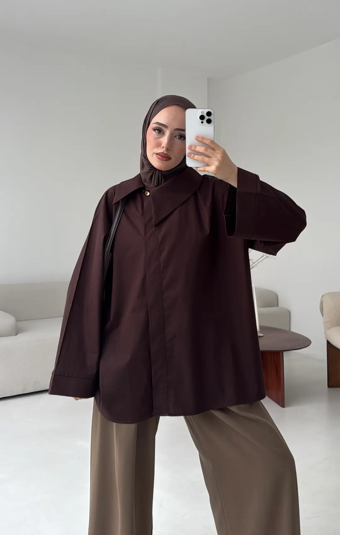 Asimetrik Yaka Oversize Gömlek Kahve