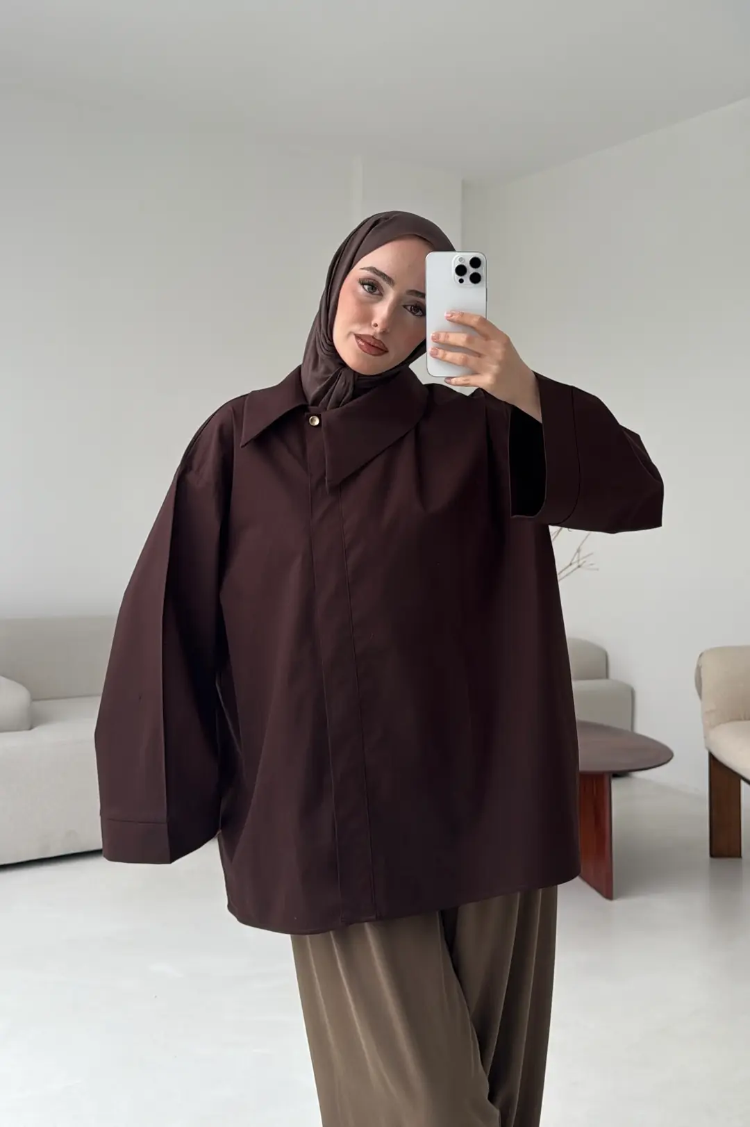Asimetrik Yaka Oversize Gömlek Kahve