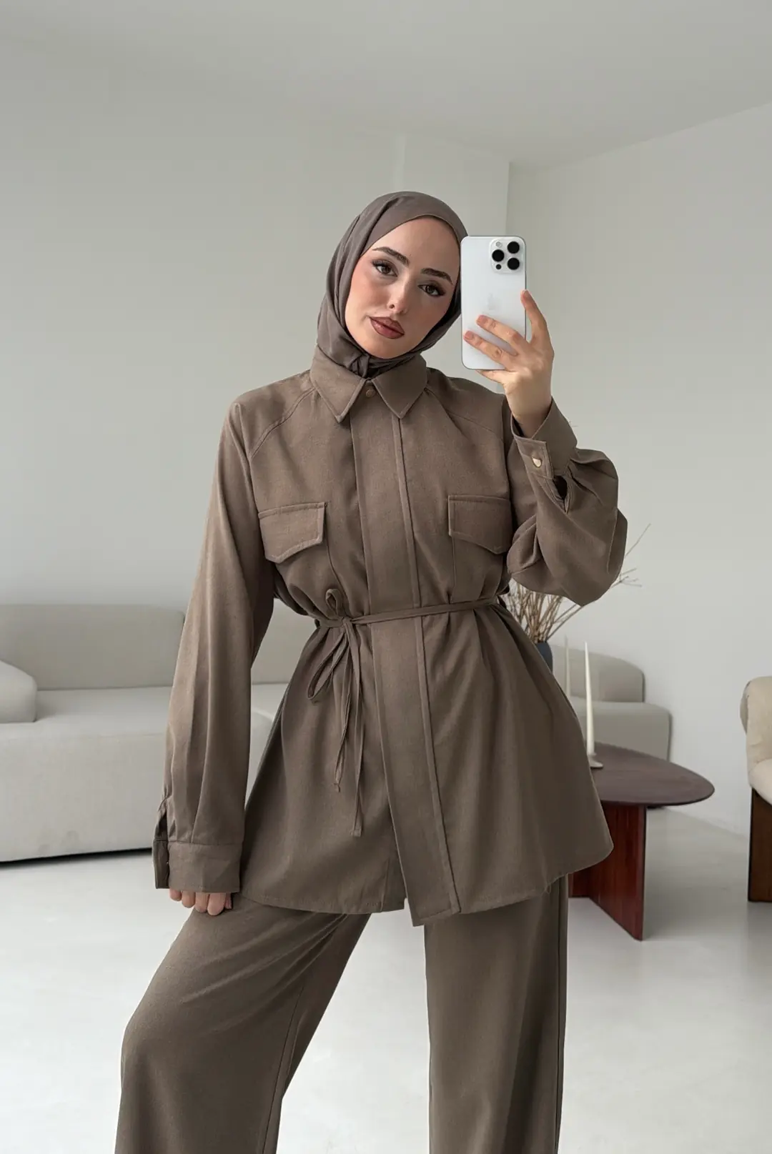 Bağcıklı Bluz Pantolon Takım Vizon